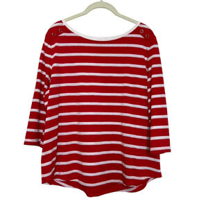 Coral Bay Womens Tee Petite XL Red White Stripe Boatneck Nautical 3/4 Sleeve